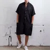 Men's Pants Summer Loose Boy Rompers Cotton Half Sleeve Button 2024 Casual Solid Men Cargo Overalls Jumpsuit Trousers Male Clothes