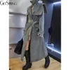 女性用ジャケットGetSpring Women Denim Trench Coat Springtemperamentダブル胸レースアップルーズロングデニムコートオールマッチファッション231219