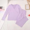 Women's Sleepwear Hiloc Criss-Cross Trouser Suits Spring Long Sleeves Home Wear Purple V-Neck Knitted 2 Piece Set Women Sets With Pants