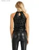 Kvinntankar Camis paljetter Kvinnor Vest Tops Fashion Shimmer Flashy Embellished Halter Neck Slest Tank Tops för Night Clubwear Stage Performance L231220