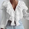 Women's Blouses White Chiffon Blouse Women Spring Summer Fashion V-neck Long Sleeve Ruffle Black Top Office Lady Casual Loose Pullover