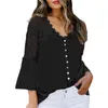 Camicette da donna Donna Tinta unita Blusas Mujer Moda Cuciture in pizzo Manica svasata Bottone superiore allentato Camicetta casual Top Blusa Feminina