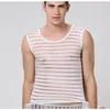 Men Mesh Vest Avant Garde Sleeveless T-Shirts Guys Striped Transparent Symmetrical Sport Yarn Tank Top Sexy Dress