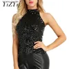 Kvinntankar Camis paljetter Kvinnor Vest Tops Fashion Shimmer Flashy Embellished Halter Neck Slest Tank Tops för Night Clubwear Stage Performance L231220