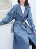 Damenjacken Fitaylor Frühling Herbst Frauen Mode Denim Trenchcoat Zweireiher Schnürung Lange Jean Jacke Vintage Einfarbige Outwear 231219