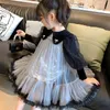 Girl's Dresses Girl's Fluffy Chiffon Dress Långärmad födelsedagsfest Host Princess Children's Sequin Mesh Black Dress Girl 3 4 5 6 7 8 år gammal