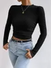 Женские футболки, женские однотонные базовые топы с длинными рукавами, повседневные осенне-зимние укороченные топы с круглым вырезом, модная черная рубашка