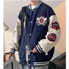 Herenjassen Blauw Bedrukt Honkbal Kleding Tide Merk Los Hong Kong-stijl Persoonlijkheid Letter Stiksel Retro Trend Y2k Casual Paar