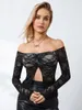 Women's Blouses Women Sheer Lace Short T-Shirts See-Through Boat Neck Off Shoulder Long Sleeve Shirts Spring Fall Slim Fit Tops Streetwear