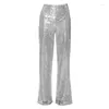 Women's Pants Fashion Women Shiny Silver Gold Sequin Straight Mid Waist Micro Elastic Party Lady Glitter Bling Trousers Streetwear