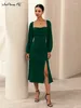 Casual Dresses Puff Sleeve A-Line Elegant Green Dress Lace-up Oregelbundna kvinnor Ruched Solid Long Office Ladies Zip Split 2024