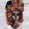 Dames T-shirt Zomer 2023 Nieuwe 3D Horror Skull Print Dames V-hals Top Korte mouw T-shirt Casual Grappig Harajuku Y2K Kleding Dag van de Doden T231220