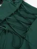 Casual Dresses Puff Sleeve A-Line Elegant Green Dress Lace-up Oregelbundna kvinnor Ruched Solid Long Office Ladies Zip Split 2024