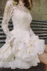 Tiered Short A Line Wedding Dresses Lace Top Illusion Long Sleeves High Neck Mini Brudklänningar Summer Beach Robe de Mariee 2024