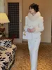 High end White Blazer Skirt Suit for Women Elegant 2 piece Set Double Breasted Fur Cuffs Coat Irregular Button Midi Dress 231220