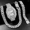 Цепочки, 3 шт., ожерелье, часы, браслет Iced Out, кубинская цепочка для мужчин и женщин, блестящий роскошный мужской комплект ювелирных изделий в стиле хип-хоп Майами