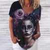 Dames T-shirt Zomer 2023 Nieuwe 3D Horror Skull Print Dames V-hals Top Korte mouw T-shirt Casual Grappig Harajuku Y2K Kleding Dag van de Doden T231220