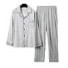 Erkekler 2 PC/Set Erkekler Sonbahar Kış Pijamaları Set Çizgili Ekose Baskı Yakası Uzun Kollu Geniş Bacak Homewear Giysileri Gömlek Pantolon