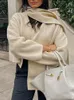 여자 재킷 베이지 색 모직 자켓 여성 우아한 패션 단락 스카프 여성 가을 ​​겨울 캐주얼 한 느슨한 긴 소매 카디건