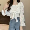 Neploe Chic Velvet Bow Shirts Korean Spring Temperament Blauses Women Turn-Down Collar Puff Sleeve Kort Vita blus TOPS 4H315 210422