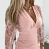 Casual Dresses Sexig kvinnlig V-ringning Sim Office Fashion Women Lantern Sleeve Transparent Mesh Party Dress Elegant Tassel Sequin Mini