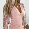 Robes décontractées Sexy Femme Col V Sim Bureau Mode Femmes Lanterne Manches Transparent Mesh Robe De Soirée Élégante Gland Paillettes Mini