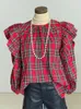 Women s Sweaters Plaid Printed Blouse Beautiful Ruffle Pleated Top Long Sleeve O Neck Blouses Shirt 231219