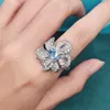 Anéis de cluster DIWENFU Natural Céu Azul Topázio Multi-camada Flor Anel para Mulheres Anillos de Prata 925 Jóias Safira Caixa Aberta