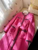 2024 Spring Pink Contrast Color Belted Tweed Wool Blends Outwear Coat Long Sleeve Round Neck Double Pockets Single-Breasted Long Outwear Coats J3D181426