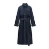 Women's Trench Coats Denim Coat Stand Up Collar Patchwork Long Sleeve Epaulet Belt Navy Windbreak 2023 Autumn Fashion 29L4049