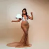 2024 Plus Size Aso Ebi Prom Dresses For Black Women Champagne Illusion Long Sleeves Mermaid Pearls Dress for Special Eccasions Födelsedagsfestklänningar Pageant NL030