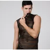 Men Mesh Vest Avant Garde Sleeveless T-Shirts Guys Striped Transparent Symmetrical Sport Yarn Tank Top Sexy Dress