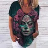 Dames T-shirt Zomer 2023 Nieuwe 3D Horror Skull Print Dames V-hals Top Korte mouw T-shirt Casual Grappig Harajuku Y2K Kleding Dag van de Doden T231220