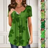 Camisetas femininas St. Patrick's Túnica de manga curta solta top casual plus size botão plissado verão gravata floral