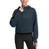 Women Half Zip Cropped Sweatshirt Sweatshirt Casual Fleece 2023 Fall Clothes with Pockets Thumb Hole Collar Half Zipper Long Sleeve Ladies Gym Sportswear