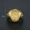 Religiös Golden Color Virgin Mary Rings for Women Men 14k Yellow Gold Iced Out CZ Ring Hip Hop Christian Jewelry