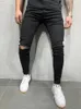 Эластичные узкие джинсы с потертостями до колен, мужские рваные байкерские джинсовые брюки, однотонные потертые уличные черные брюки, мужские спортивные штаны 231220