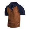 Men's T -skjortor Vintage 2024 Contract Color Corduroy Tees Top Men Kläder Summer Button Stand Collar Ankomst Kort ärm Pullover