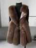 Kamizelki damskie Faux Fur Kurtka Kobieta średnia kamizelka szyi 2023 Autumn Winter Belt Puszysty ciepły luźny płaszcz żeńska swobodna gruba luksusowa dama