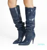 Fashion- Knee Boots pointed toes pleated winter thin heels soft leather women shoes big size