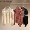 Kvinnors blusar kuzuwata söt stativ krage puff hylsa chiffong skjorta spets voile elegant broderi japan moda lapptäcke casual bluas