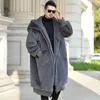 Super Loose Men's Long Fur Coat Artificial Rabbit Hooded Jacka Stor Pocket Dragkedja Tjock Isolation Winter X 231220