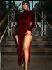 2023 Autumn Winter Women Solid Velvet Long Sleeve Ruched Midi Dress Side Slit Bodycon Sexy Streetwear Party Elegant Club 231220