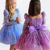 2024 Puffy Shiny Sequined Pink Flower Girl Dresses For Wedding Princess Long ärms Party Pageant First Communion Gowns For Kid