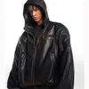 Men's Jackets Fashion High Street Wash Color PU Leather Heavy Industry Cotton Jacket Pullover Hooded Hoodie Men