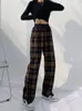 Capris Houzhou Vintage Plaid Pants Women Baggy Basic Wide Leg Pounser