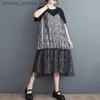 Tvådelad klänning #3618 Black Flalse Two Piece T Shirt Dress Women Spliced ​​Mesh Tie Dye Midi Dress Fe Short Sle Vintage Vestidos Office L231221