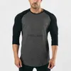 Men's T-Shirts New Fashion Three Quarter Sleeve T shirt Men Autumn Spring Cotton Patchwork Silm Fit Gym Clothing Fitness T-shirt Sports TshirtL2404