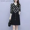 Zweiteiliger Kleid Fashion Korean Button Spleiß gefälschte zwei Stücke Kleid für Casucal Long Sle Printing V-Ausschnitt Kleider Frühling Frauen Kleidung L231221