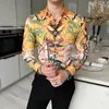 Men's Casual Shirts England Style Fashion Personality Print Slim Fit Long Sleeve Luxury Insect Digital Shirt Men NightClub Party Blouse